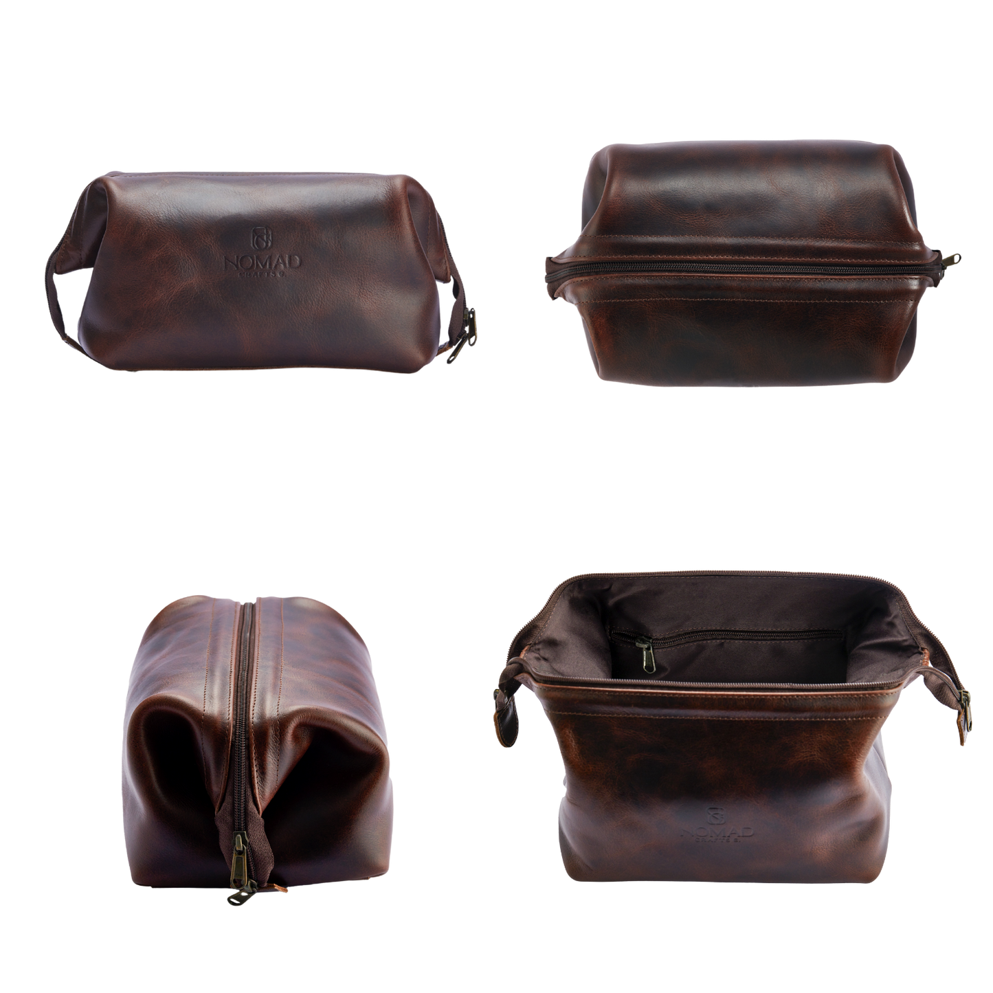 Brown leather toiletry bag shown from multiple angles on a white background