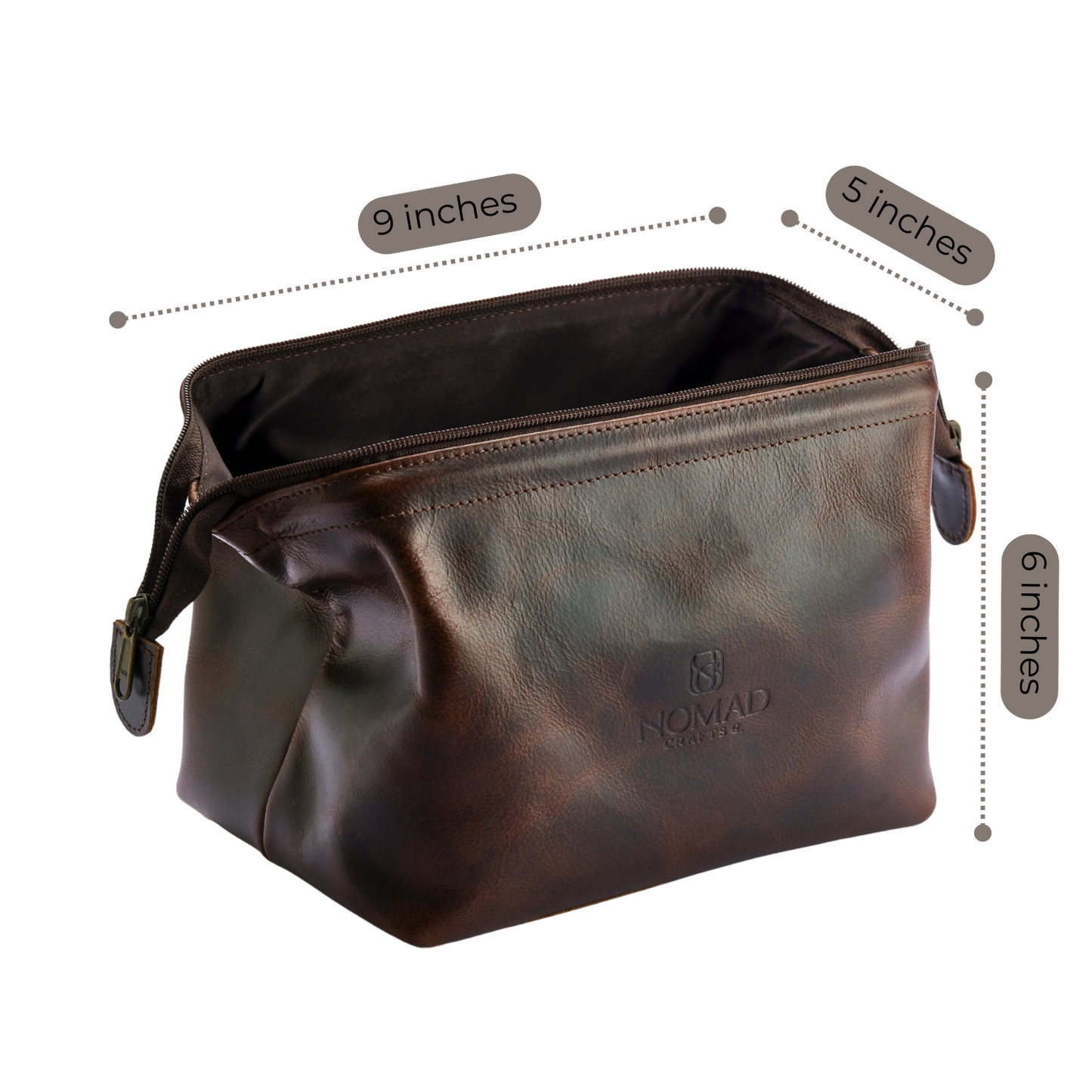 Brown leather toiletry bag with dimensions labeled on a white background