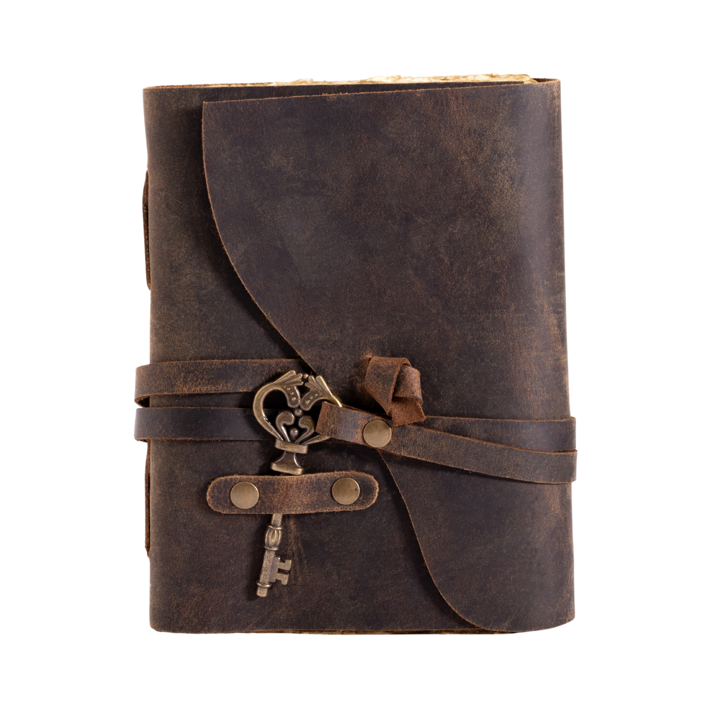 Brown leather journal with a key charm on a white background