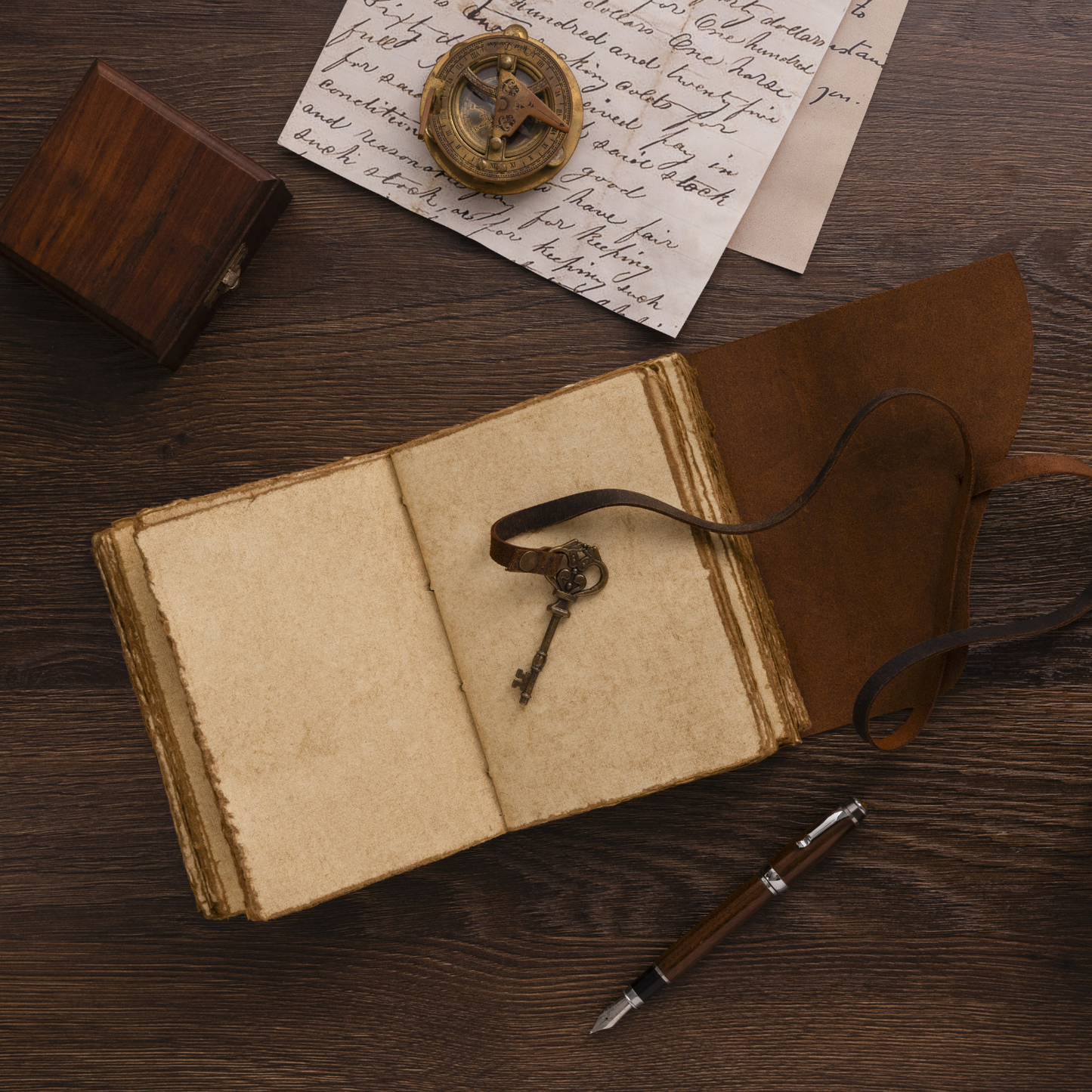 Open vintage book with key and compass on a wooden surface