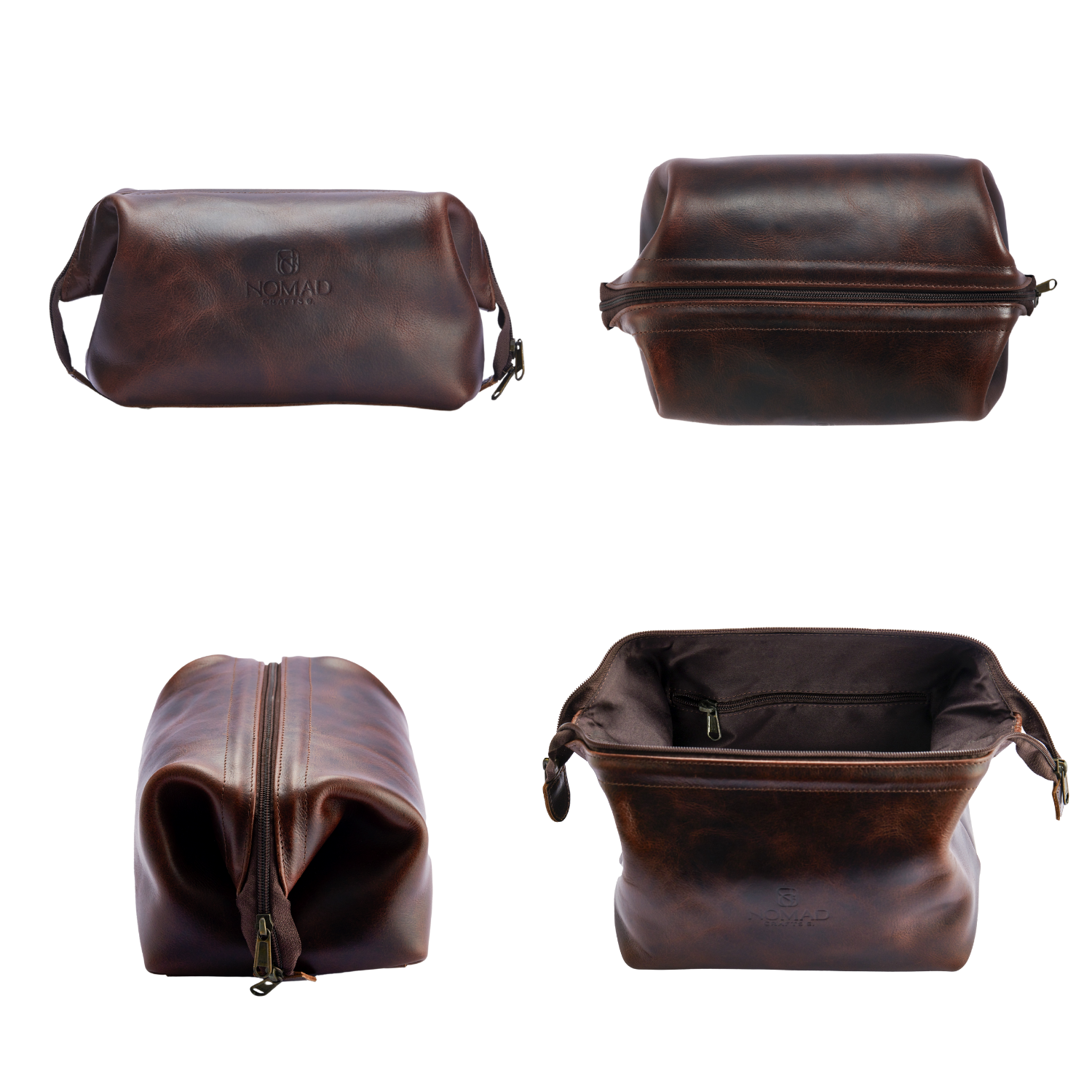 Brown leather toiletry bag shown from multiple angles on a white background