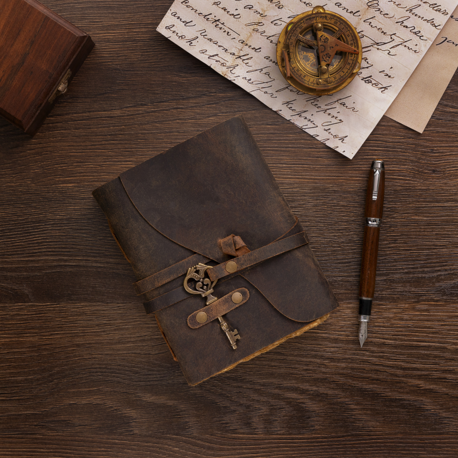 Brown leather journal with decorative strap on a wooden surface with a pen and paper.
