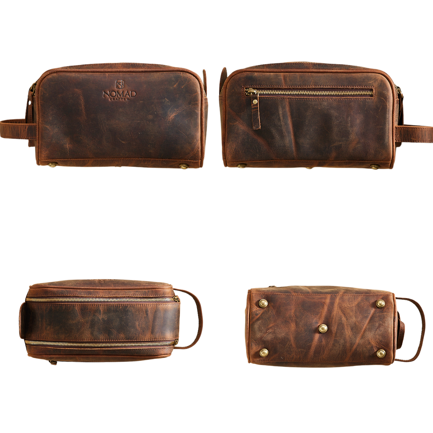 Brown leather dopp kit with visible brand name on a white background