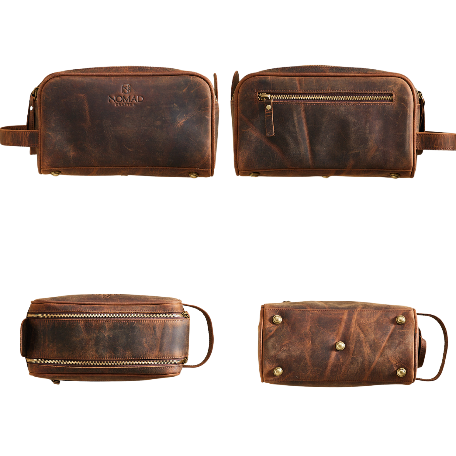 Brown leather dopp kit with visible brand name on a white background